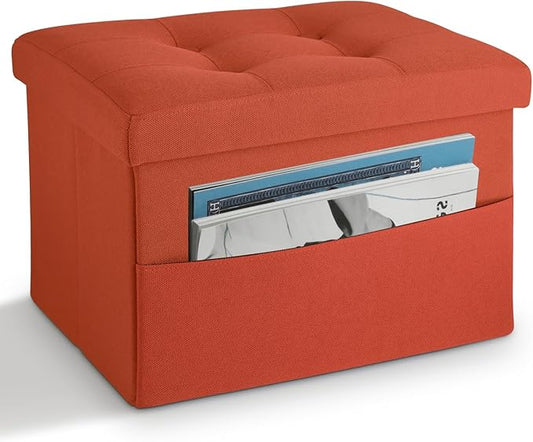 LINMAGCO Storage Ottoman Folding Foot Stool Foot Rest with Side Pocket Modern Ottoman with Storage Short Sofa Stool Linen Cloth 17x13x13(Orange)