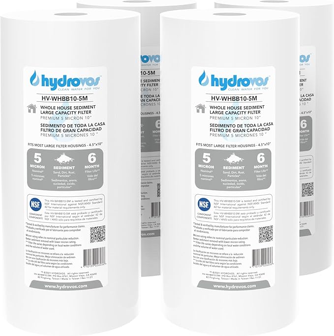 HYDROVOS 4.5 x 10 Inch Large Capacity Whole House Water Filter, NSF 42 Certified 5 Micron Sediment Filtration, Pack of 4
