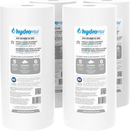 HYDROVOS 4.5 x 10 Inch Large Capacity Whole House Water Filter, NSF 42 Certified 5 Micron Sediment Filtration, Pack of 4