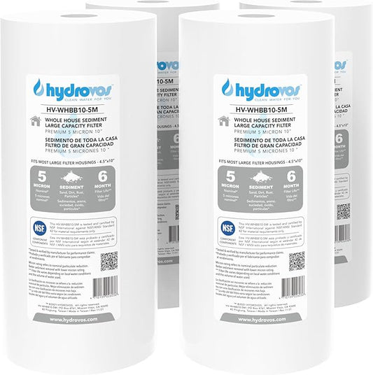 HYDROVOS 4.5 x 10 Inch Large Capacity Whole House Water Filter, NSF 42 Certified 5 Micron Sediment Filtration, Pack of 4