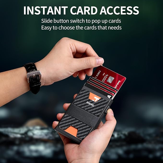 Slim Wallet for Men, Minimalist RFID Blocking Mens Wallet with Pop Up Case, Thin Metal Credit Card Holder with Cash Strap & Expandable Backplate - Holds 12 Cards