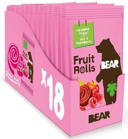 BEAR Real Fruit Snack Rolls - Gluten Free, Vegan, and Non-GMO - Raspberry – 36 Rolls, Healthy School And Lunch Snacks For Kids And Adults, 0.7 Ounce (Pack of 18)
