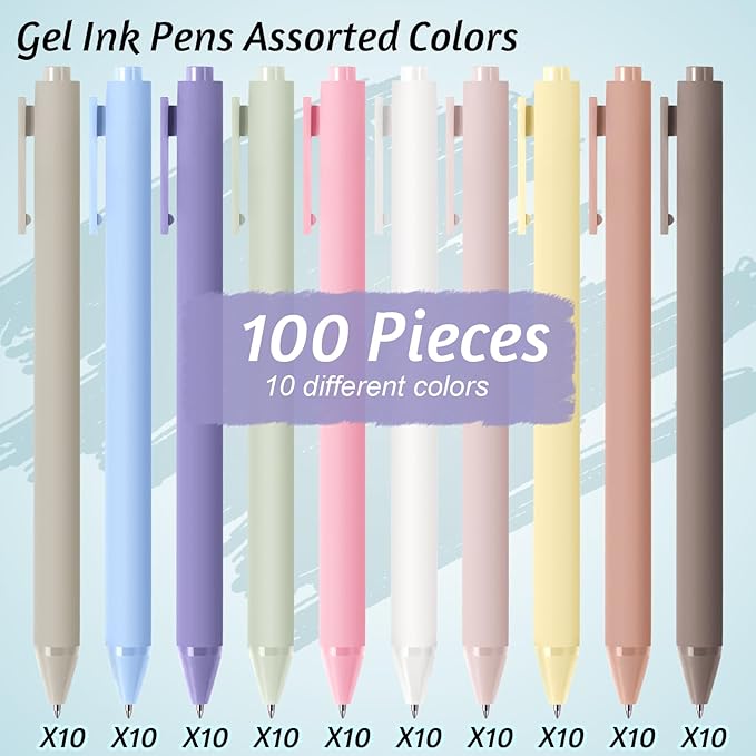 Crtiin 100 Pcs Gel Ink Pens Bulk, Black Ink 0.5mm Fine Point Retractable Pen Smooth Writing Office School Supplies for Teacher Server Operation Christmas Charity Donation Thanksgiving (Pastel Colors)
