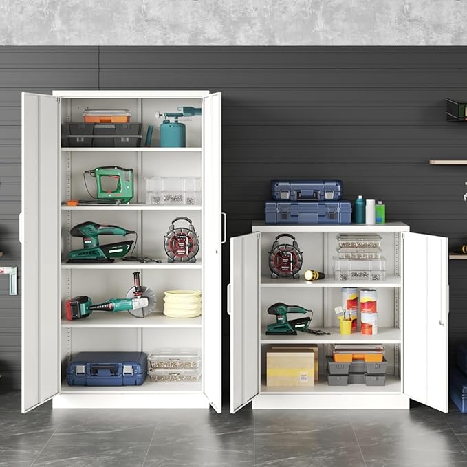White Metal Storage Cabinet with Doors and Shelves,36 inch Small Metal Cabinet with Lock,Short Garage Storage Cabinets,Locking Steel Cupboard for Home,Office,Kitchen,Garages