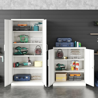White Metal Storage Cabinet with Doors and Shelves,36 inch Small Metal Cabinet with Lock,Short Garage Storage Cabinets,Locking Steel Cupboard for Home,Office,Kitchen,Garages