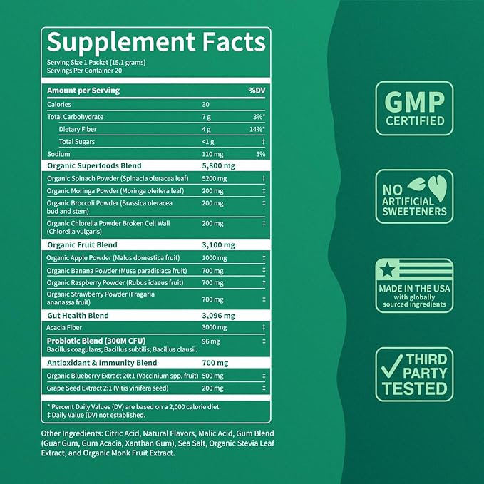 Nello Supergreens Premium Superfood Greens Drink Mix w/Chlorella, Moringa, Spinach & Broccoli + Digestive Enzymes & Probiotic Blend -Nutrient-Packed Powder (Sour Watermelon 20 SRV, Travel Pack)