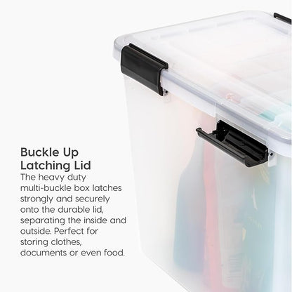 IRIS USA File Box WeatherPro File Organizer Plastic File Box for Letter/Legal File, Water Resistant Document Box, Durable Lid, Seal w/ Secure Latching Buckles, Stackable, Nestable, Clear 32 Qt. 1Pack