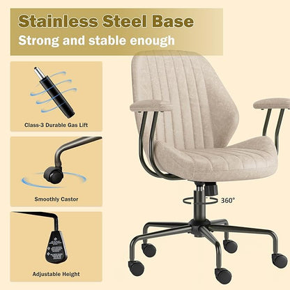 Home Office Desk Chair Adjustable Height, Ergonomic Executive Office Chair with Armrests, Rolling Comfy Desk Chair with Lumbar Support, Mid Century Modern, Beige