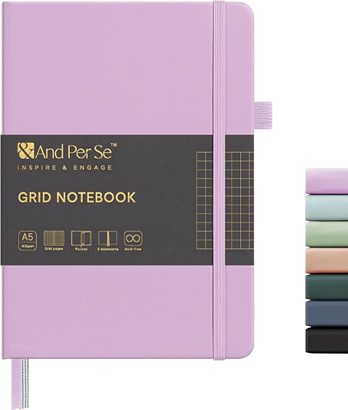 160 Pages, A5 5.7 x 8 inches 100 gsm Thick Paper Notebook Journals for Writing, Grid Hardcover Notebook(1 Pack, Lavender)