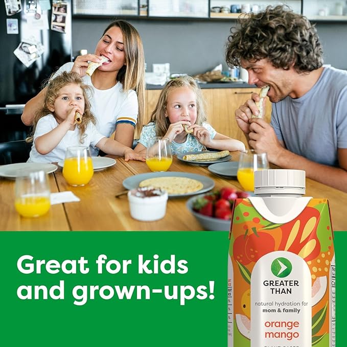 Greater Than Nutrient Hydration Beverage, Electrolyte Drink for Gut Health & Energy with Coconut Water, Vitamins, Gluten Free, Plant Based, Low Sugar, Orange Mango, 24 Pack