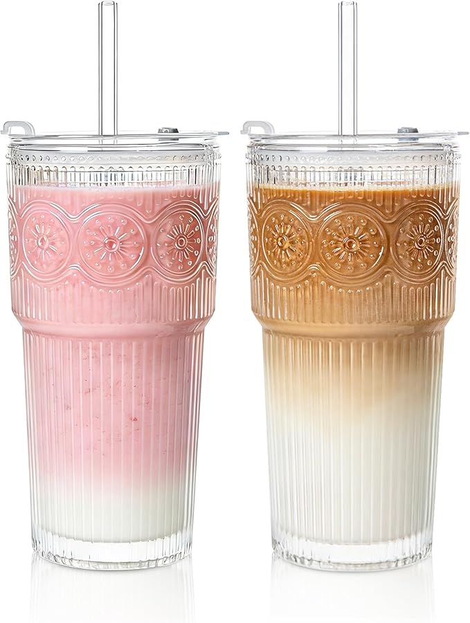 20oz Ribbed & Floral Glass Tumbler Set of 2 – Reusable Glass Cups with Lid and Glass Straw, Iced Coffee Cups for Water, Smoothie, Milk, Cocktail & More – Perfect for Daily Use & Travel