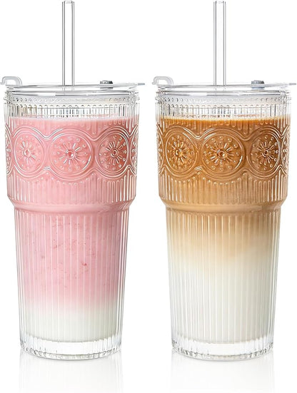 20oz Ribbed & Floral Glass Tumbler Set of 2 – Reusable Glass Cups with Lid and Glass Straw, Iced Coffee Cups for Water, Smoothie, Milk, Cocktail & More – Perfect for Daily Use & Travel