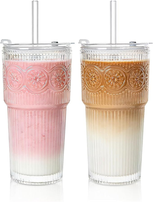 20oz Ribbed & Floral Glass Tumbler Set of 2 – Reusable Glass Cups with Lid and Glass Straw, Iced Coffee Cups for Water, Smoothie, Milk, Cocktail & More – Perfect for Daily Use & Travel
