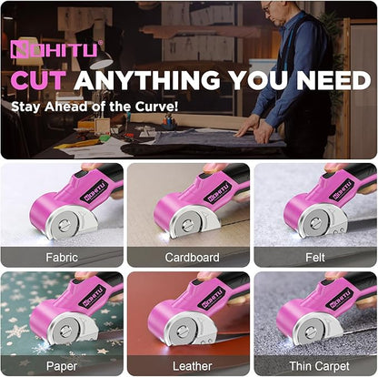 Cordless Electric Scissors: 4V Rechargeable Rotary Cardboard Cutter, 3000mAh Battery, with LED Light, 2 Blades, Box Cutter for Fabric Carpet Carton Plastic Leather Cloth (Pink)