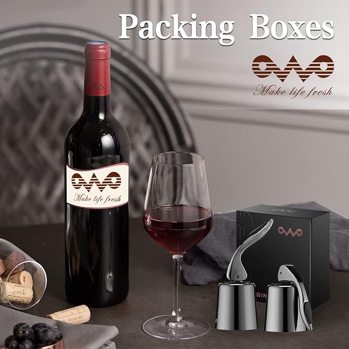 OWO Stainless Steel Wine Bottle Stopper, Reusable Wine Saver with Silicone Seal, Decorative Bottle Sealer, Keeps Fresh (Metal Black, 2 Pack)