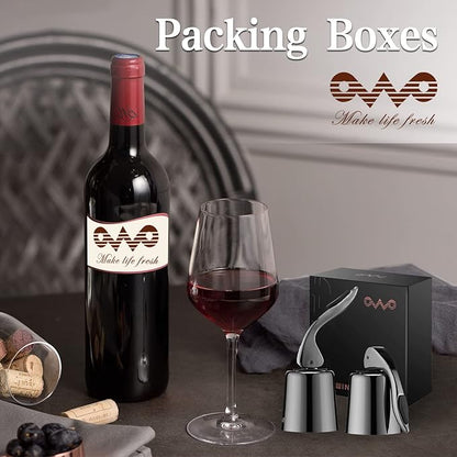 OWO Stainless Steel Wine Bottle Stopper, Reusable Wine Saver with Silicone Seal, Decorative Bottle Sealer, Keeps Fresh (Metal Black, 2 Pack)
