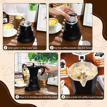 Coffee Pot 6 Cup Electric Espresso Coffee Maker Italian Moka Maker 300ml Portable Aluminum Espresso Machine Cafetera Moka Pot with Detachable Base, Gift for Home Travel(Black)