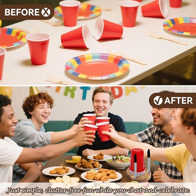 Party Cup Holder with Marker Slot, Acacia Wood Bathroom Cup Dispenser Mark Your Cup and Drink Up, Hosting Essential to Prevent Mix-Ups & Mark Your Cup for Birthdays, BBQs, Holiday Events
