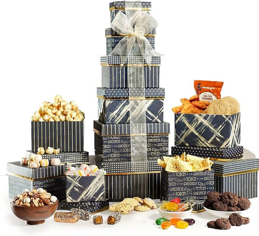 Broadway Basketeers Gourmet Food Gift Basket 6 Box Tower for Birthdays – Curated Snack Box, Sweet and Savory Treats for Parties, Best Wishes, Birthday Presents for Women, Men, Mom, Dad, Her, Him,