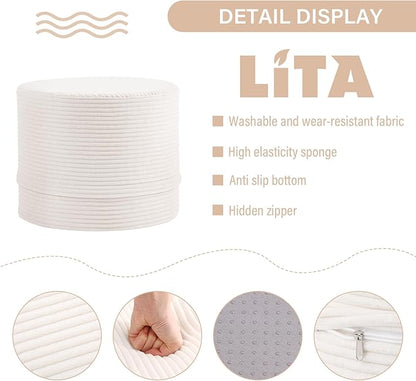 LITA Round Stuffed Pouf Ottoman, Velvet Poufs with High-Density Foam Filling and Washable Cover, Furry and Fluffy Bean Bag Foot Stools Ottoman for Living Room, Bedroom, Office, Beige