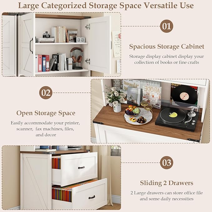 File Cabinet with 2 Drawer for Legal/Letter/A4 Size Hanging Files, Farmhouse Filing Cabinet with Adjustable Shelf, Large Wood File Cabinets for Home Office Printer Stand with Bookshelf, White