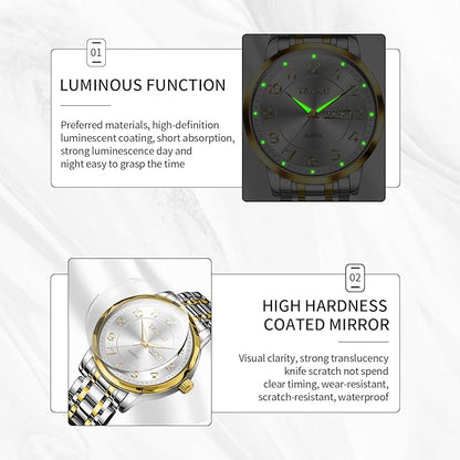 Stainless Steel Mens Watches with Day Date Quartz Analog Large Face Classic Watch Arabic Numerals Dress Luminous Rlojes para Hombres