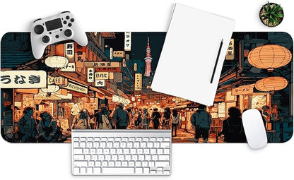 MAY FLOWER Large Gaming Mouse Pad, Full Keyboard Mat, Long Laptop Mousepad, Computer Mouse Mat for Home and Office, Anti-Slip Rubber Base, 31.5 x 11.8 Inches (Japan Street)
