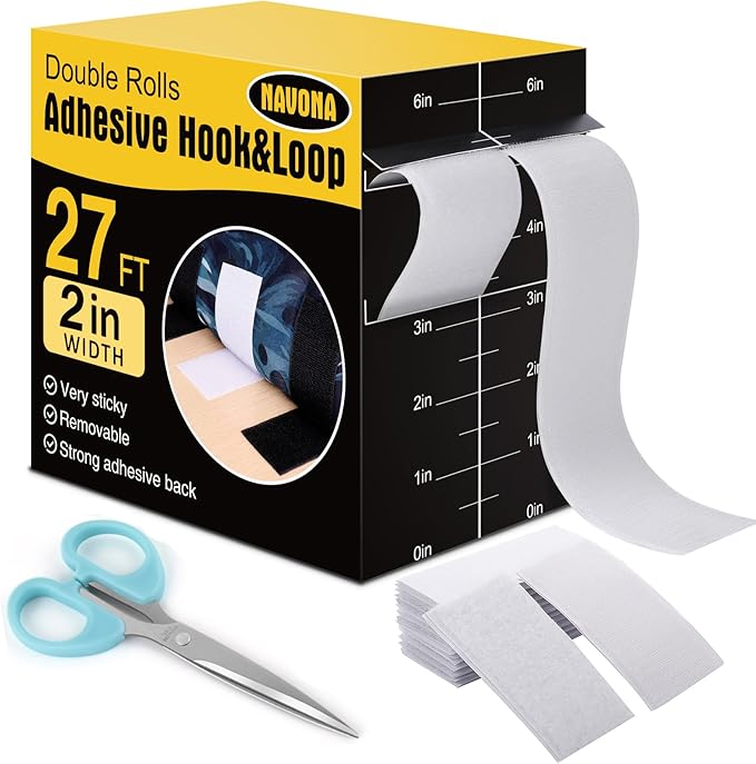 Navona 27Ft x 2 Inch Hook and Loop Strips with Adhesive, Heavy Duty Self Adhesive Tape with Back, Strong Sticky Back Fastener Roll for Home, Office, School, Crafting, White