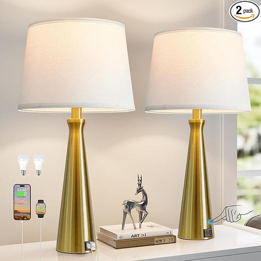 Seealle Modern Table Lamps Set of 2 - Touch Bedside Lamp for Nightstand with USB C+A,3-Way Dimmable Coppery Nightstand Lamps for Living Room Bedroom End Table with White Shade(Bulb Included)