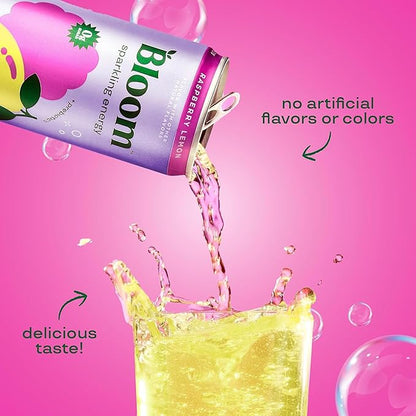 Bloom Nutrition Sparkling Energy Drink for Focus, Natural Caffeine, Zero Sugar, 180mg Caffeine, Antioxidant-Rich with Green Coffee Bean, Green Tea Extract, & Prebiotics, Raspberry Lemon 12oz 12 Pack