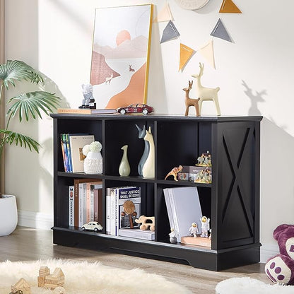 Book Shelf, 6 Cube Storage Organizer, 2-Tier Open Shelf Wooden Bookcase, Freestanding Wood Cube Storage Bookshelf for Bedroom, Living Room, Home Office (Black)