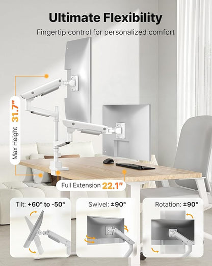 monTEK Sleek Aluminum Monitor Arm for 17–57” Ultrawide Screens up to 59 lbs, USB 3.0 A/C, Heavy Duty Dual Monitor Arm Desk Mount, Pneumatic Lift, Quick-Release Plate, Clamp/Grommet, max VESA 100x100