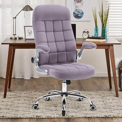 High Back Fabric Office Chair Purple, Velvet Executive Desk Chairs with Flip-Up Arms, Ergonomic Office Chairs with Lumbar Support, Upholstered Home Computer Swivel Chair with Wheels