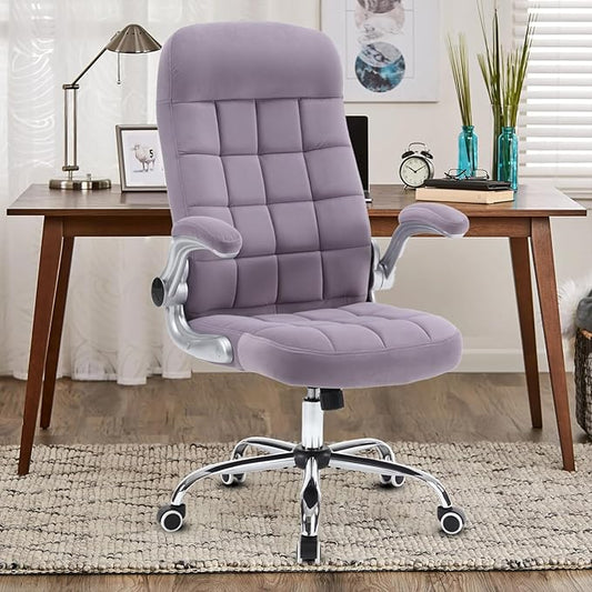High Back Fabric Office Chair Purple, Velvet Executive Desk Chairs with Flip-Up Arms, Ergonomic Office Chairs with Lumbar Support, Upholstered Home Computer Swivel Chair with Wheels