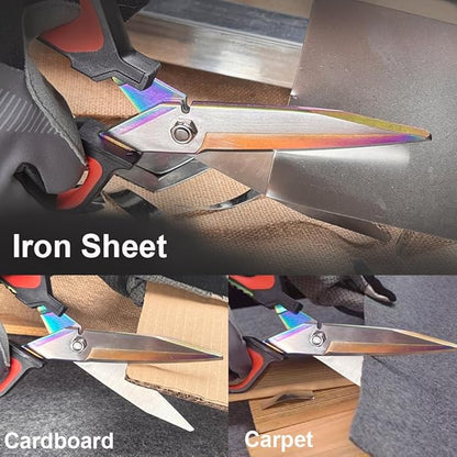 Heavy Duty Scissors 9.5'', Titanium Coating Forged Stainless Steel Blades, Industrial Utility Shears for Garage, Household, Construction, easy Cutting Cardboard, Wire, Leather, Carpet.
