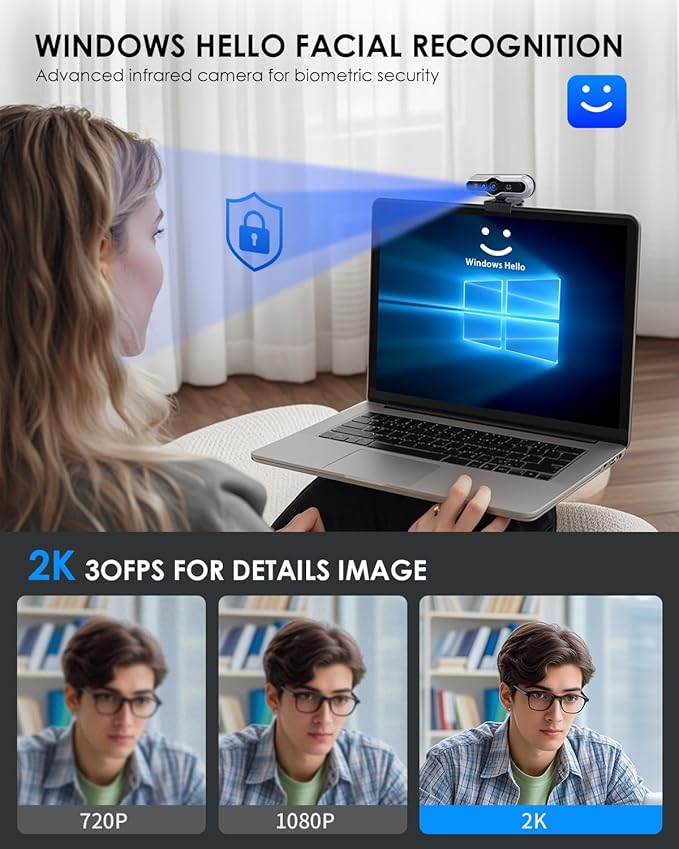 2K HD Webcam with Infrared Windows Hello Facial Recognition, Computer Camera, Privacy Cover, Noise Canceling Microphones, Laptop Webcam For Video Conferencing, Live, Streaming, Online Learning