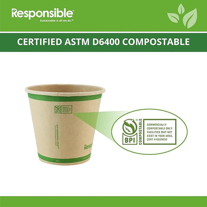 Responsible Products 8 oz Paper Hot Cups (Squat), Tree-Less™ Compostable Paper Coffee Cups, Extra Strength, Tree-Free and Made Without PFAS, Natural Brown (1000 Count)