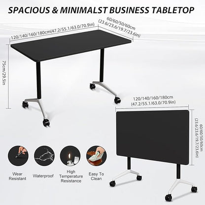 Folding Conference Table Modern Large Mobile Meeting Table Rolling Conference Room Tables with Wheels Seminar Tables for Office Training Classroom (4, Black, 70.9" D X 23.6" W X 29.5" H)