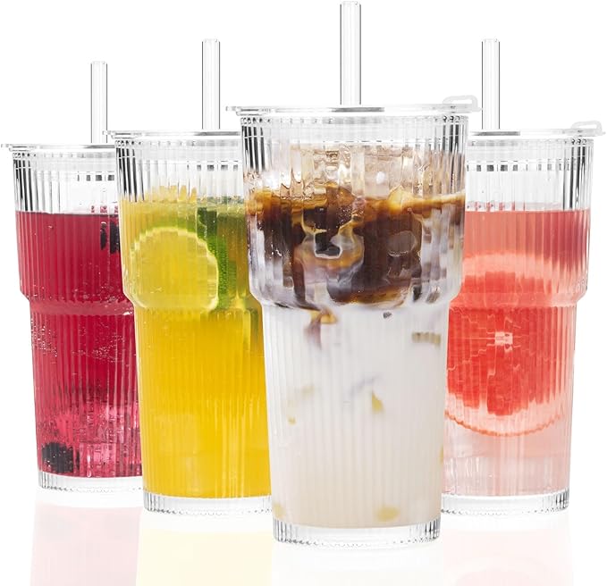 GOSCHE 20oz Glass Tumblers with Straws and Lids, Ribbed Iced Coffee Cups Leak-proof, Dishwasher Safe, Thickened Glass Cups with Lids Ideal for Coffee and Travel, Clear, 4 Pack
