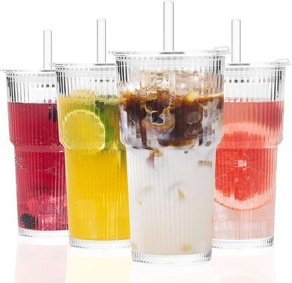 GOSCHE 20oz Glass Tumblers with Straws and Lids, Ribbed Iced Coffee Cups Leak-proof, Dishwasher Safe, Thickened Glass Cups with Lids Ideal for Coffee and Travel, Clear, 4 Pack