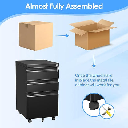 SUXXAN 3 Drawer Under Desk Mobile File Cabinet with Lock, Metal Storage Cabinet for Office & Home, Legal/Letter Size, Fully Assembled Except Wheels, Black