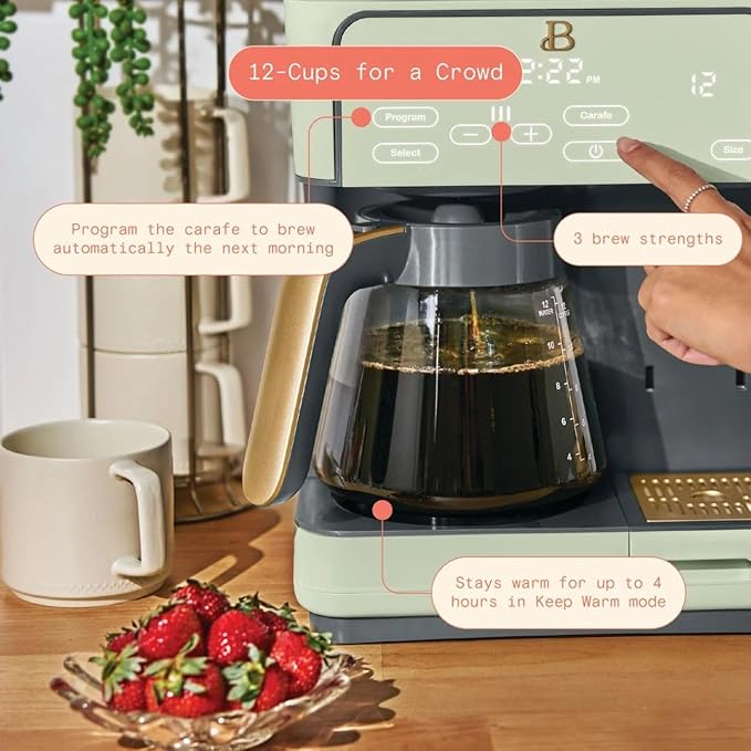 Beautiful Multi-Brew Coffee Maker – 12-Cup Carafe & Single-Serve Pod or Grounds, Iced Coffee Mode, Programmable Touch Display, Includes Filters (Sage Green)