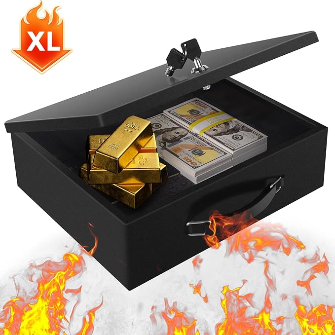 Fireproof Document Box,X Large Fire Resistant Safe Box with Key Lock for Home, Portable Fireproof Lock Box for Personal Items, Passport, Cash, Tablet, Exterior 13.2" x 11" x 4.13"