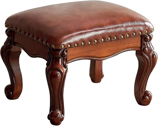 Foot Stool Ottoman Foot Rest Microfiber Leather Upholstered Footstool for Sofa, Living Room, Entryway, Solid Wood Stool (Flat Brown)