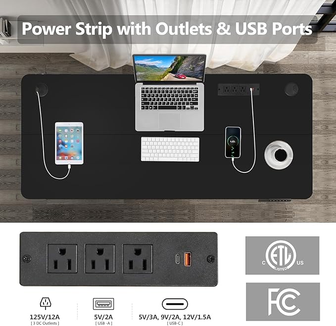 Electric Standing Desk 71 x 27 Inches Adjustable Height Sit Stand Up Desk for Home Office Computer Workstation with 2 USB Ports 3 AC Power Outlets Memory Preset and Wheels, Black