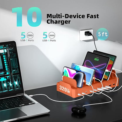 320W Charging Station for Multiple Devices, Zobirez 10-Port USB C Fast Charger Stations for MacBook, iPhone, Android Cell Phone, iPad, Tablet Family Multi-Device Organizer Charging Dock, Orange