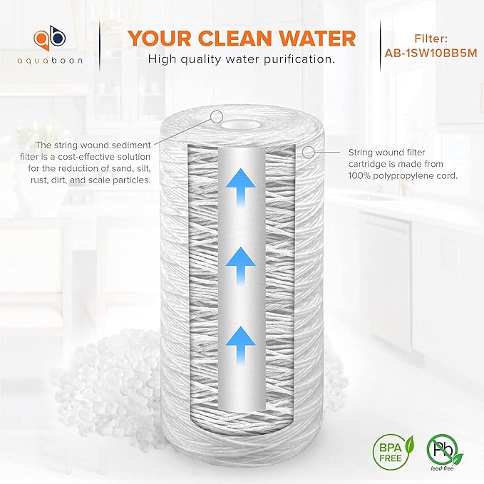 Aquaboon 5 Micron Water Filter 10 x 4.5 inch - String Wound Water Filter for Whole House System - Compatible with 84637, WPX5BB97P, PC10, 355214-45, 355215-45, WP10BB97P, WP5BB97P (6 Pack)