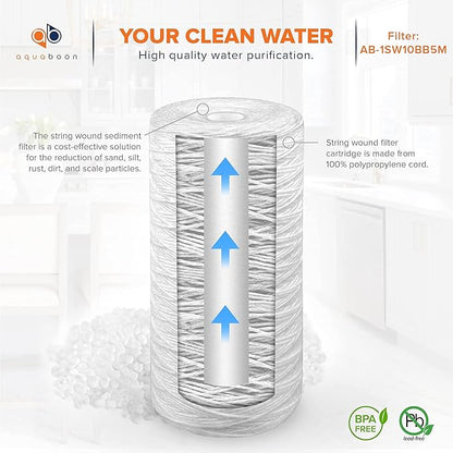 Aquaboon 5 Micron Water Filter 10 x 4.5 inch - String Wound Water Filter for Whole House System - Compatible with 84637, WPX5BB97P, PC10, 355214-45, 355215-45, WP10BB97P, WP5BB97P (6 Pack)