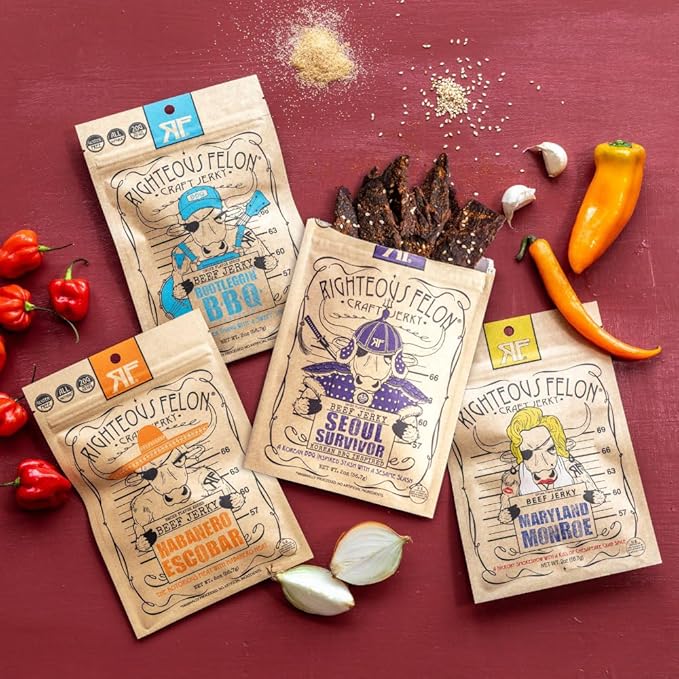 Righteous Felon Beef Jerky Variety Pack | Gluten Free Snack Packs for Adults | High Protein, Keto, Low Sugar | Made with Premium Meats | Gifts for Men | Spicy Jerky 4 Pack