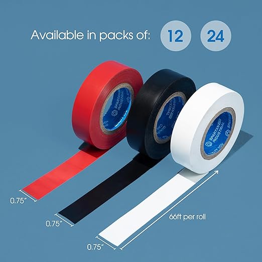 SPARTAN INDUSTRIAL - 3/4" X 66' Red Vinyl Tape - 24 Rolls of Colorful Electrical Tape for Color Coding, Cable Repair, and More